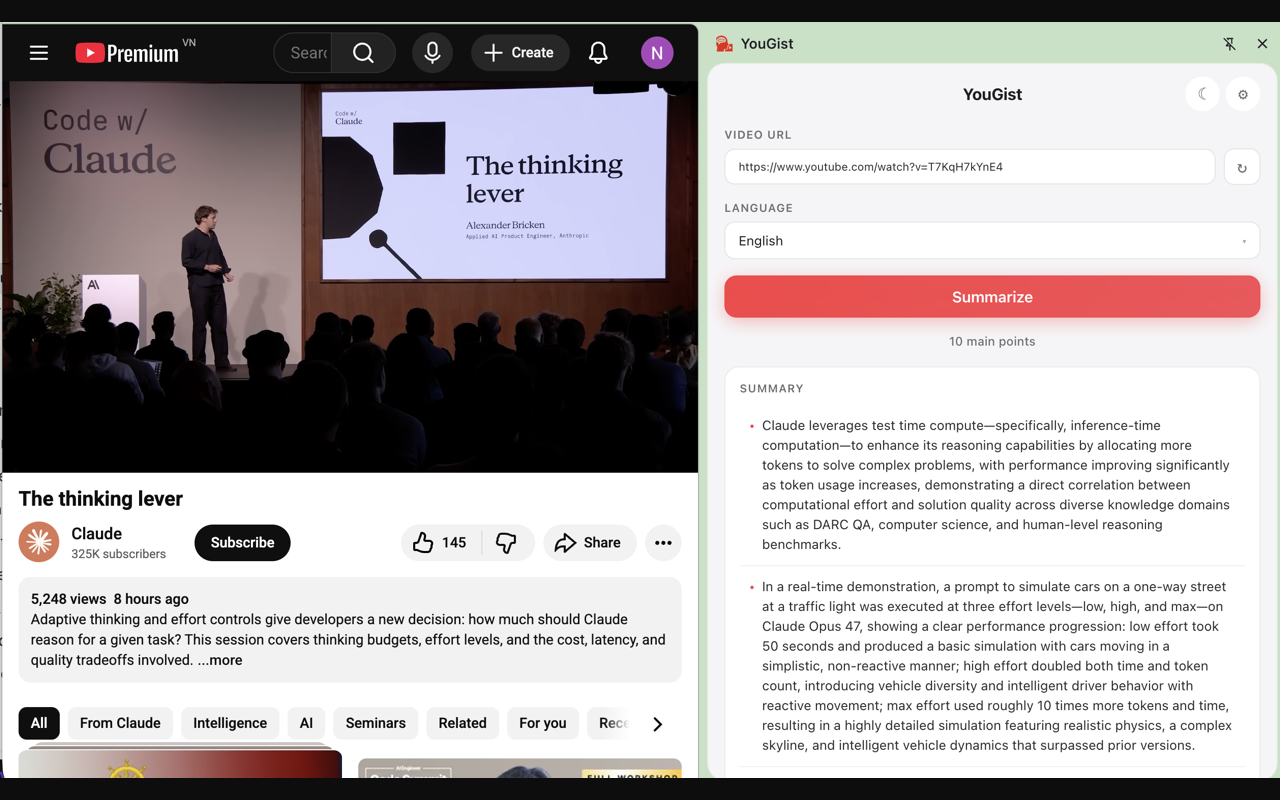 YouGist side panel showing a 10-point summary of a YouTube video
