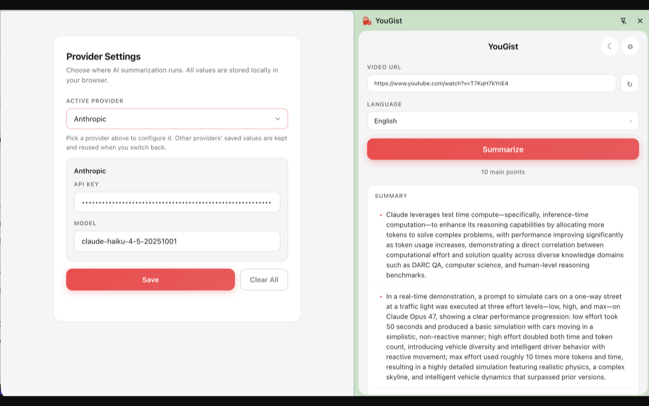 YouGist options page showing local model configuration